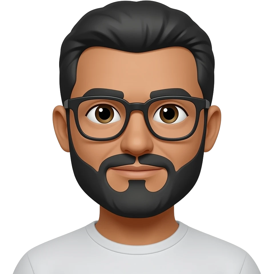 black hair, olive skin, grey beard with glasses emoji