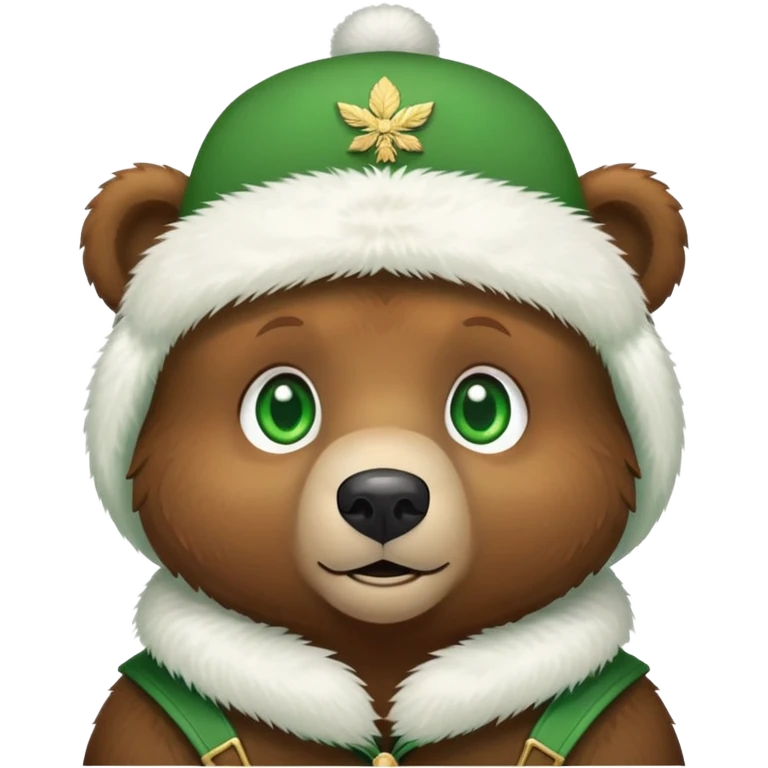 Adorable brown bear with green eyes, white furry ushanka with clear Russian Federation emblem centered on front, minimalist iOS emoji style emoji