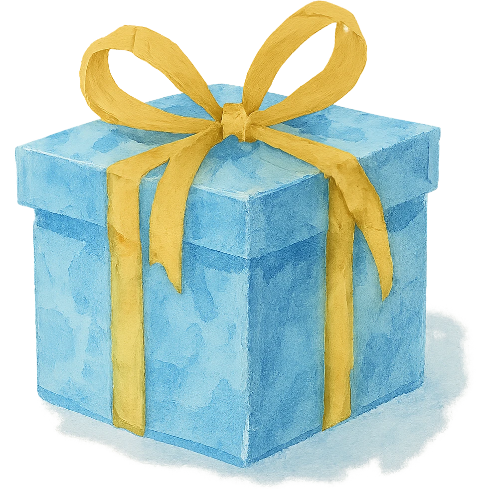 watercolor style light blue gift box with yellow ribbon, loose brushstrokes emoji