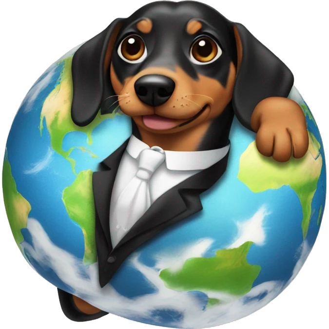 A Weiner dog holding up the earth in a tuxedo emoji