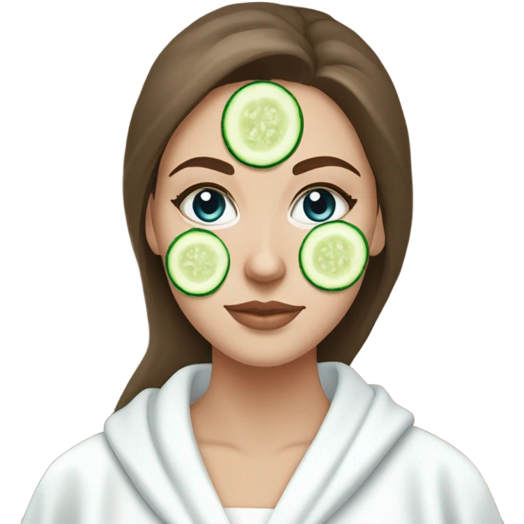 White girl with Brown hair and blue eyes wears a Green colored skincare clay textured mask and puts on cucumbers around her eyes while She relaxes in her white Robe emoji