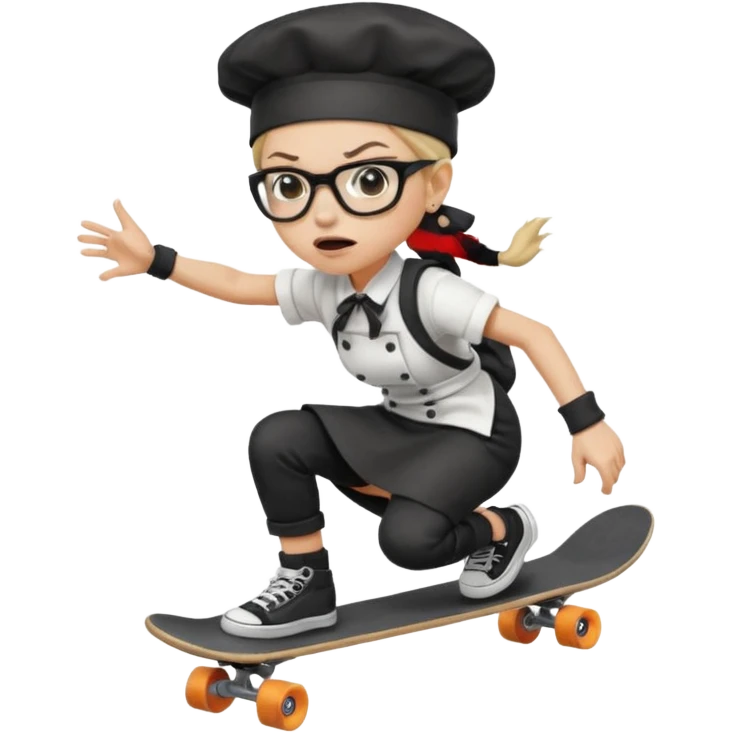 ["An angry woman with light skin, ponytail, wearing a chef hat and square glasses, dressed in goth fashion, is skateboarding while holding a backpack."] emoji