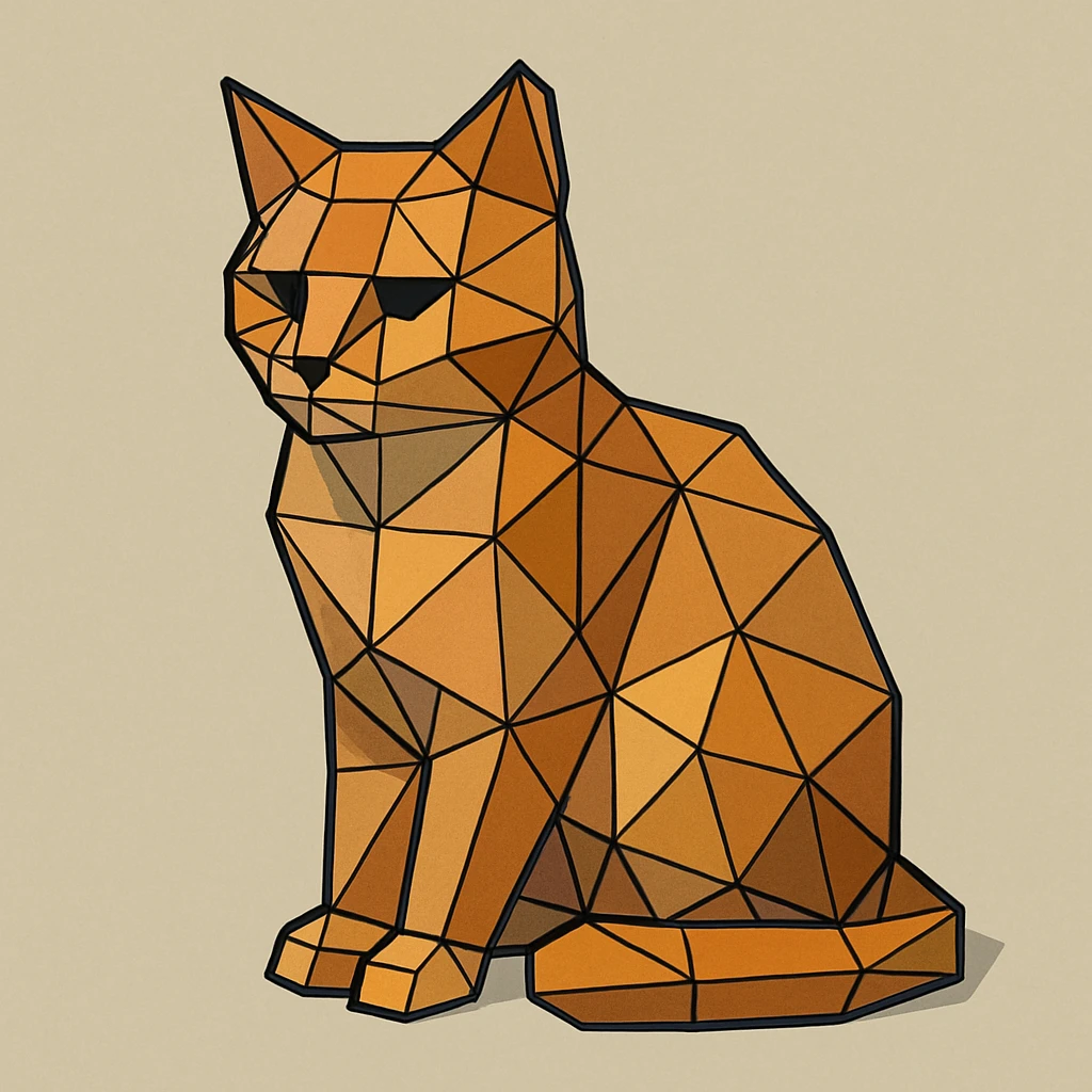 {
  "style_description": {
    "name": "Low Poly Wireframe",
    "overall_look": "Geometric abstraction with visible polygonal mesh edges and a minimal, digital aesthetic",
    "geometry": {
      "shape_type": "triangles and quadrilaterals forming faceted surfaces",
      "structure": "low-resolution polygon meshes with flat faces",
      "edge_visibility": "clear, sharp wireframe outlines around each polygon",
      "dimensionality": "3D-like forms created through flat shading and edge contours"
    },
    "linework": {
      "type": "thin or semi-bold outlines tracing all edges of the mesh",
      "style": "uniform or slightly stylized (e.g., dotted or glowing lines)",
      "color": "typically black, dark gray, or color-matched for contrast"
    },
    "color": {
      "application": "solid flat colors per polygon, without gradients",
      "palette_type": "limited, often monochromatic or with tonal variation per face",
      "highlighting": "minimal shading to emphasize surface depth without realism"
    },
    "lighting": {
      "approach": "ambient or directional lighting used sparingly to add dimension",
      "avoid": ["soft shadows", "complex reflections", "photorealism"]
    },
    "background": {
      "style": "plain or gradient backdrop to contrast mesh clarity",
      "consistency": "flat and neutral to preserve focus on wireframe structure"
    },
    "render_constraints": {
      "avoid": ["smooth surfaces", "rounded curves", "realistic textures"],
      "focus_on": ["polygon edges", "angular forms", "mesh clarity"]
    },
    "subject_treatment": {
      "representation": "simplified, stylized forms with clear geometry",
      "emphasis": "structure, volume through form and edge"
    }
  }
}

{subject} = cat emoji