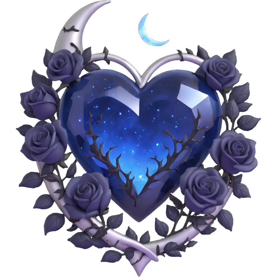 gothic heart, midnight blue glass, silver crescent moon, black roses, stardust, lightning, rain, cracked glass, celestial style emoji