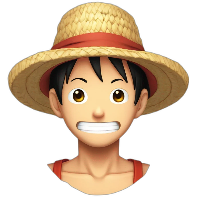 Luffy with his straw hat and his scar at the bottom of the right eye smiling with closed eyes in the Eiichirō Oda’s style emoji
