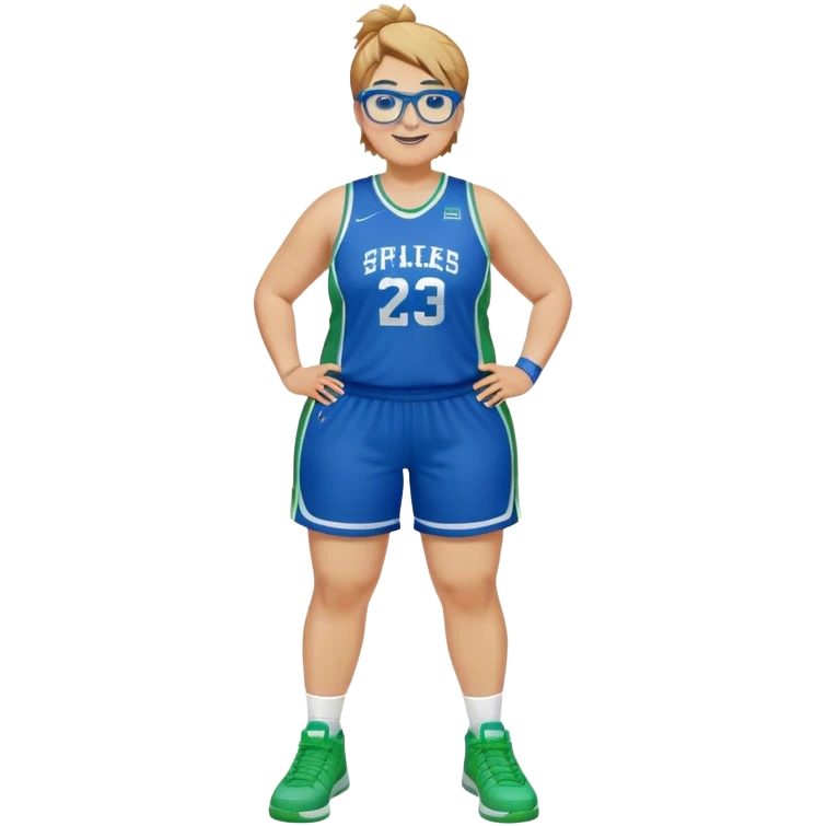 Full Body plus size white female basketball player with medium brown blond hair with short spike hair wearing blue glasses 
With a small wide nose wearing blue green uniform  green sneakers smiling wearing silver hoop earrings emoji