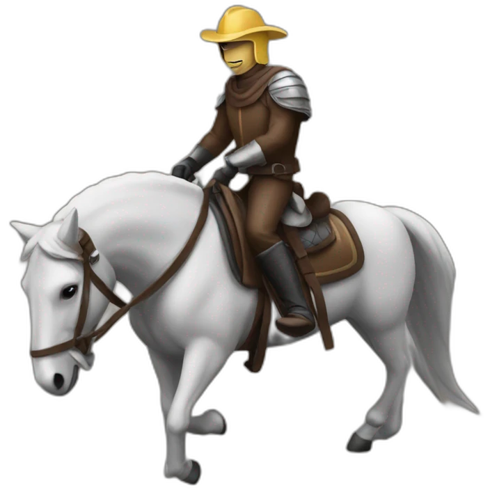 A man riding a horse wearing a las anvil helmet emoji