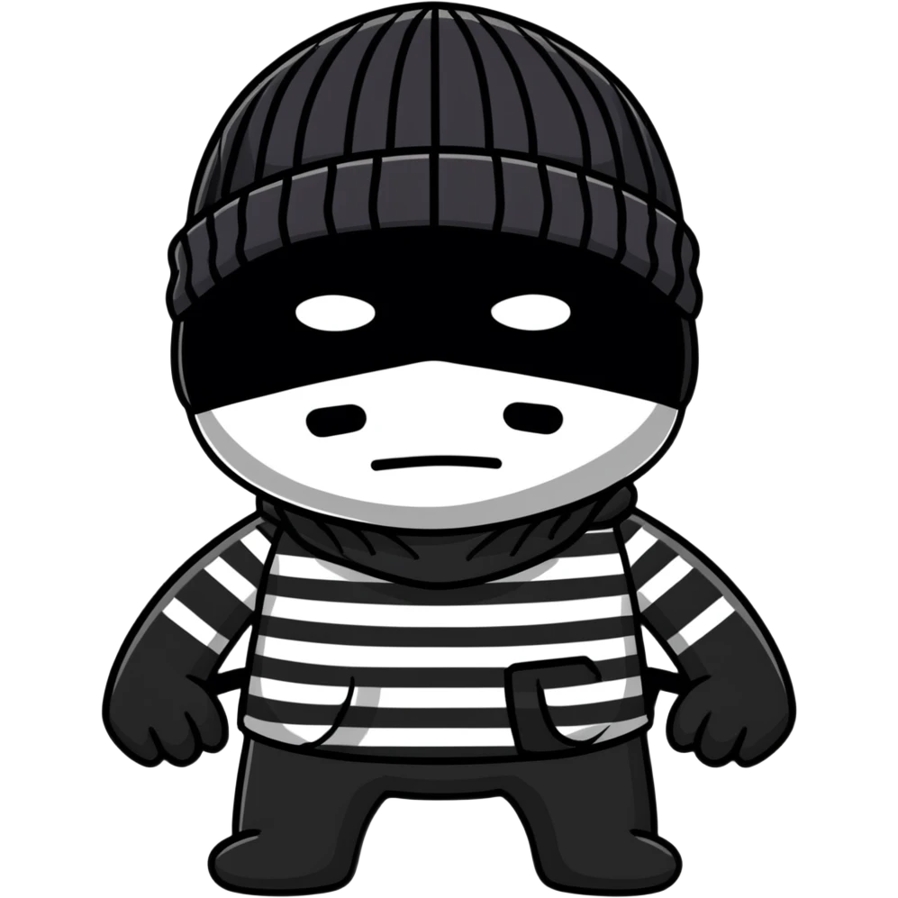 character with black and white striped shirt, black beanie, black mask over eyes emoji