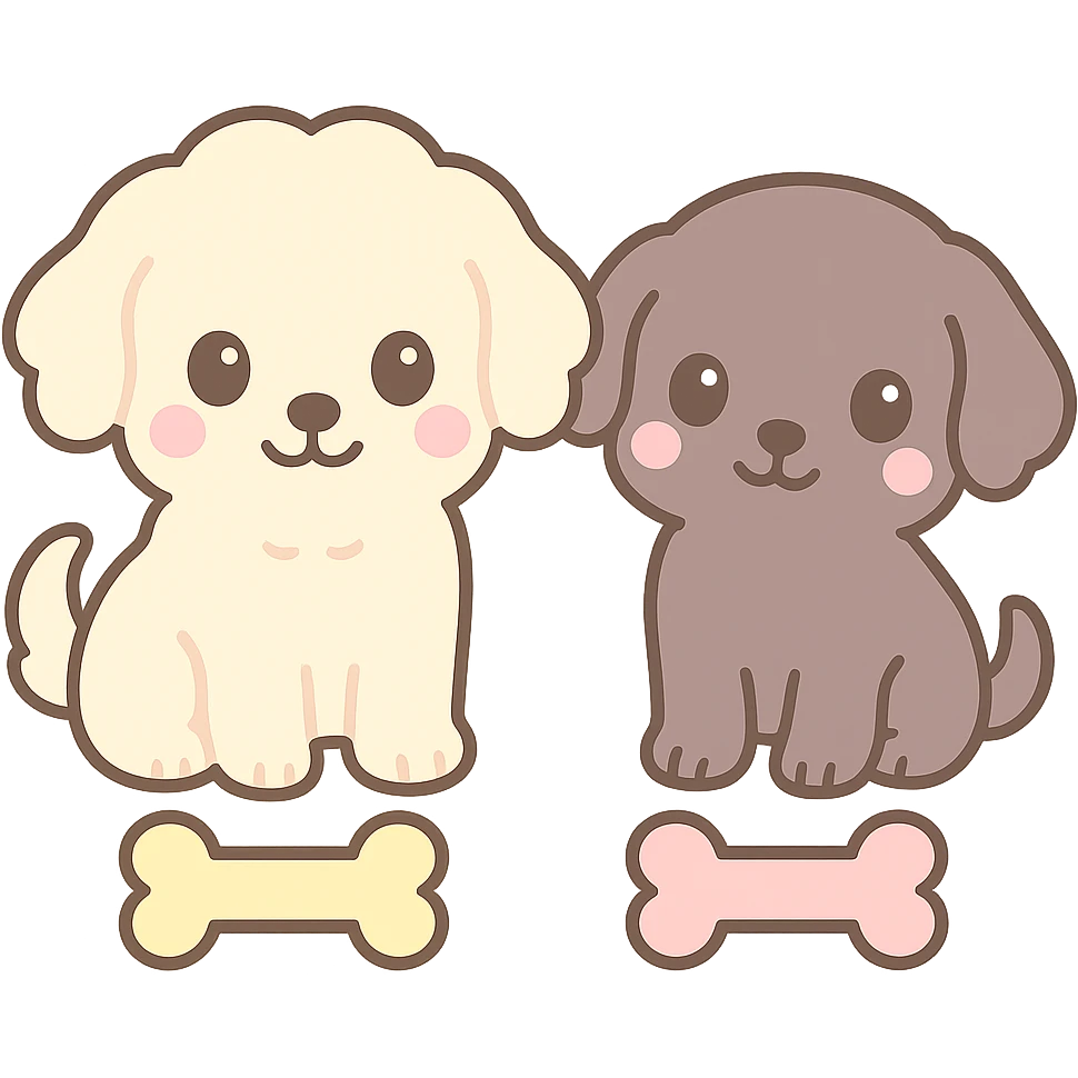 Add cute bone treats in front of both dogs, matching the kawaii style, with a transparent background. emoji