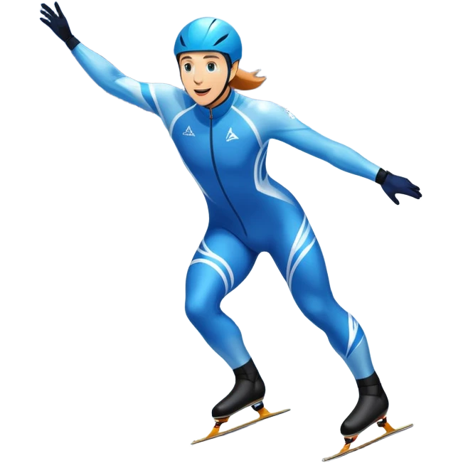 An icon showing a speed skater in a dynamic pose racing on a professional ice track, dressed in an aerodynamic suit. The scene includes a stadium with cheering crowds, icy reflections, and a snowy mountain backdrop. Transparent background captures the speed and intensity of the sport. emoji