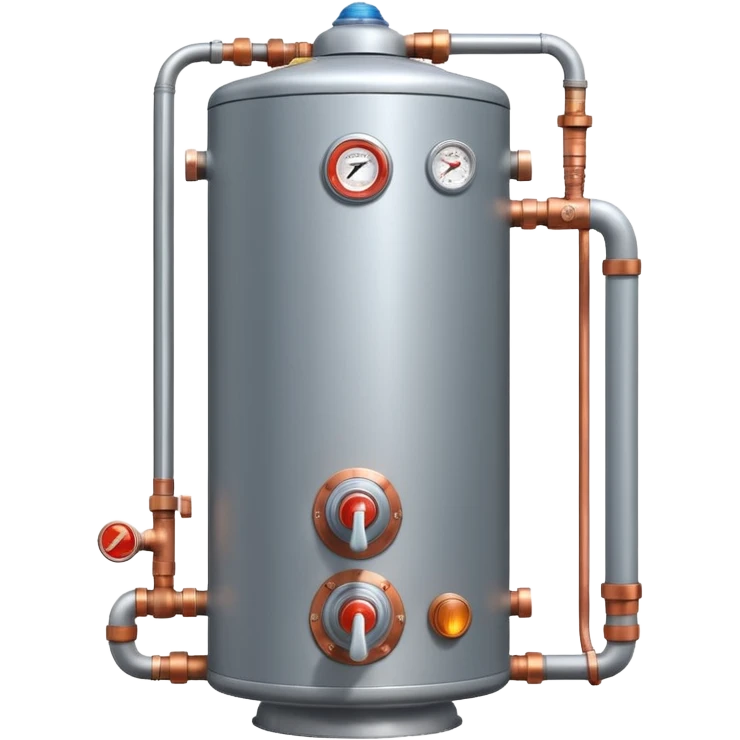 3D Pixar-style water heater unit with copper pipes and control knob, emitting a warm glow, realistic textures but friendly tone, front-facing, isolated on white

 emoji