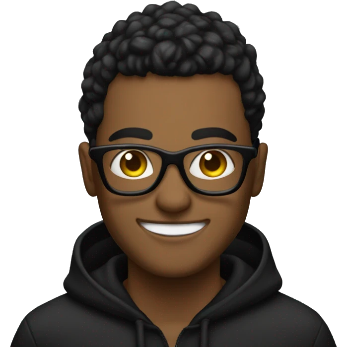 Hacker in all black with glasses and hoodie smiling emoji