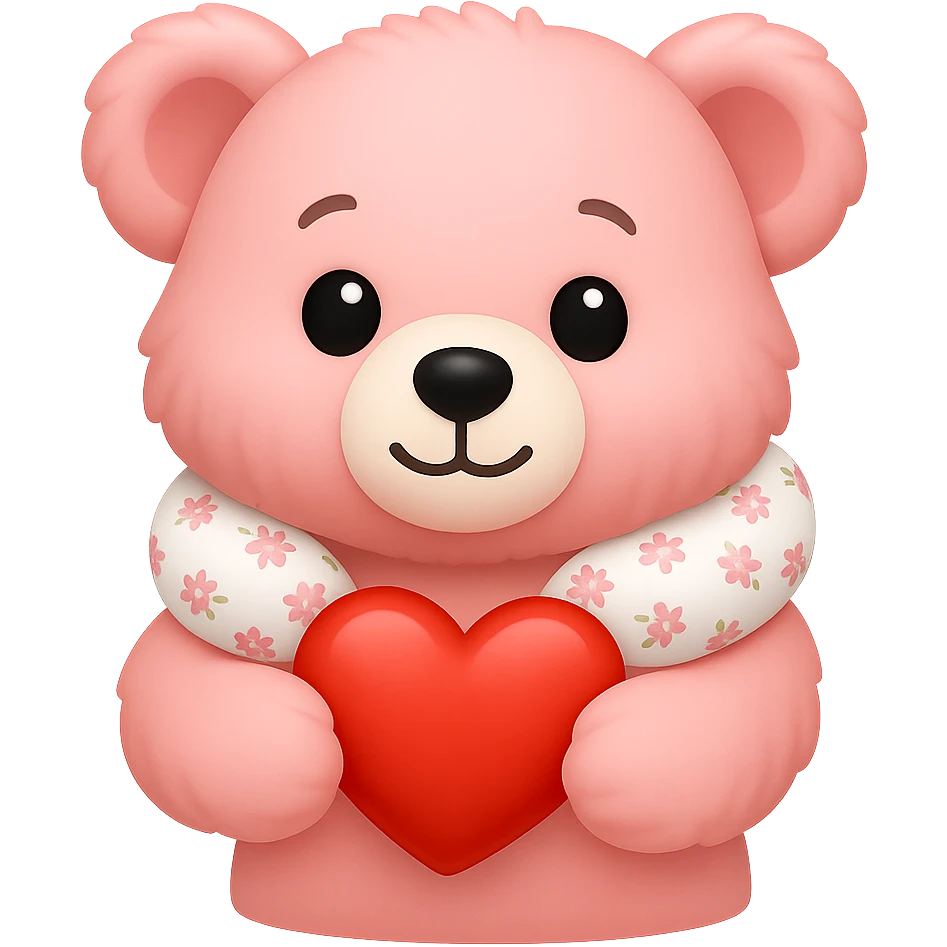 Create an iPhone emoji style pink teddy bear with a floral neck pillow. The bear is holding a heart, simple and cute, with a transparent background. Maintain the iPhone emoji style look. emoji