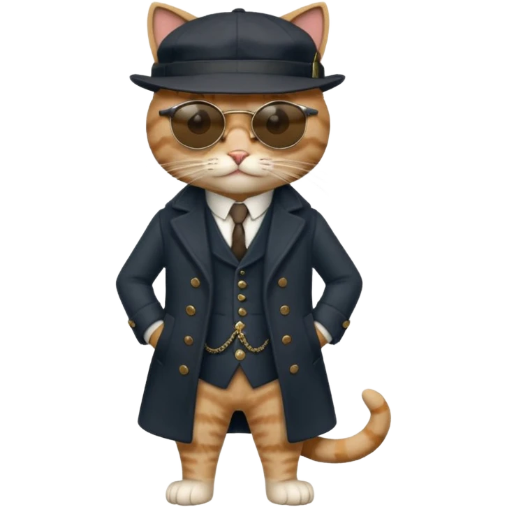 Cat wearing sunglasses and a peaky blinders hat, along with a waistcoat and over coat.
Peaky blinders style emoji