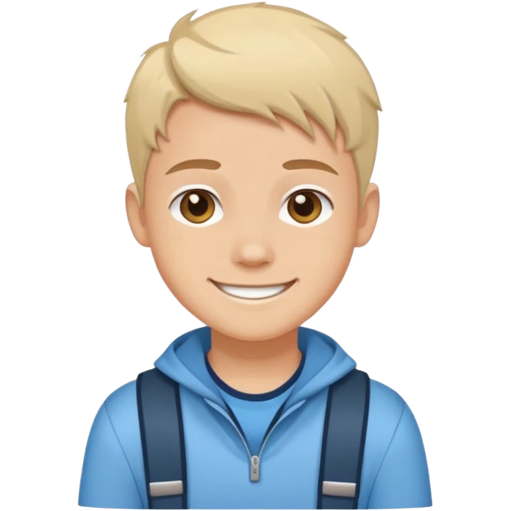 Cartoon avatar sticker of a young person, friendly smile, modern outfit, clean vector illustration, thick outline, flat colors, simple background, sticker style, high quality, transparent background emoji