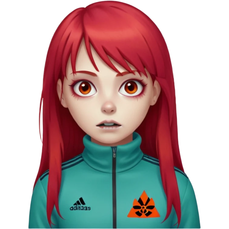 Crie um emoji de uma menina com bochecha gordinha com o cabelo vermelho longo com uma franja reta zumbi casaco de gola alta da adidas emoji