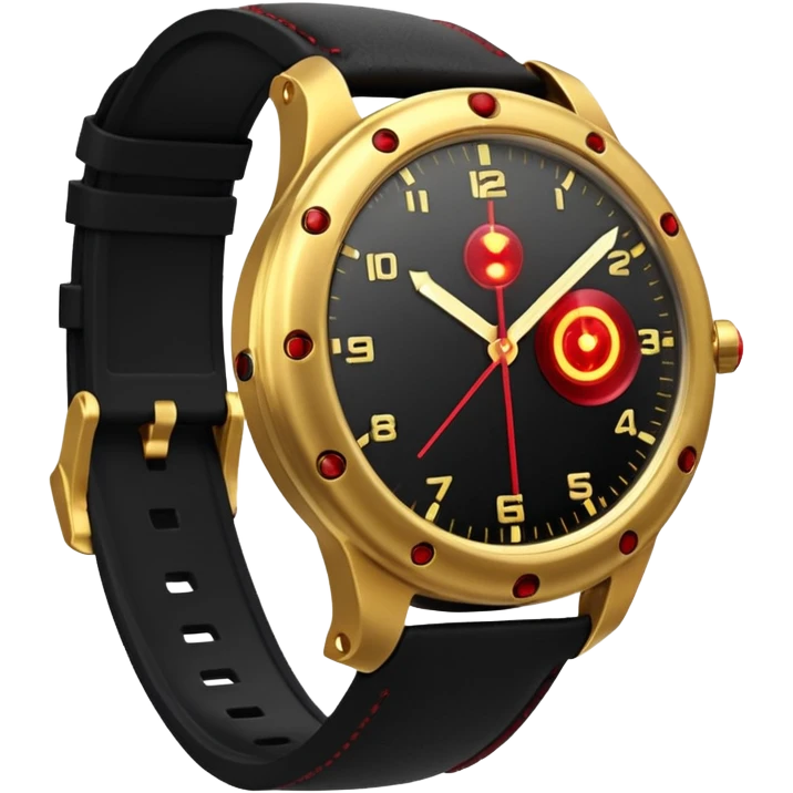 3D render of Laser Watch, secret agent spy gear aesthetic, hidden mechanisms, gold luxury wristwatch emitting a tiny red laser beam, sleek tactical texture, Apple emoji style, isolated on white background --v 6.0. emoji