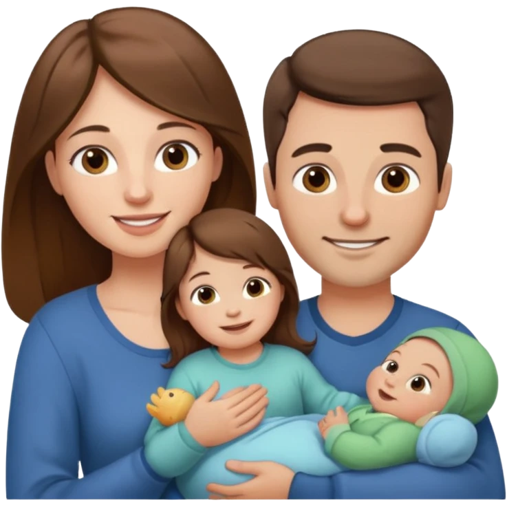 "Woman with long brown hair and fair skin holding a baby. And man with short brown hair and fair skin, without a mustache, holding a child. Smiling." emoji