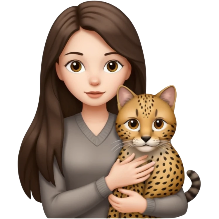 a white girl with brunette long straight hair holding a grey cat. the grey cat has black lines and cheeta prints in its fur. emoji