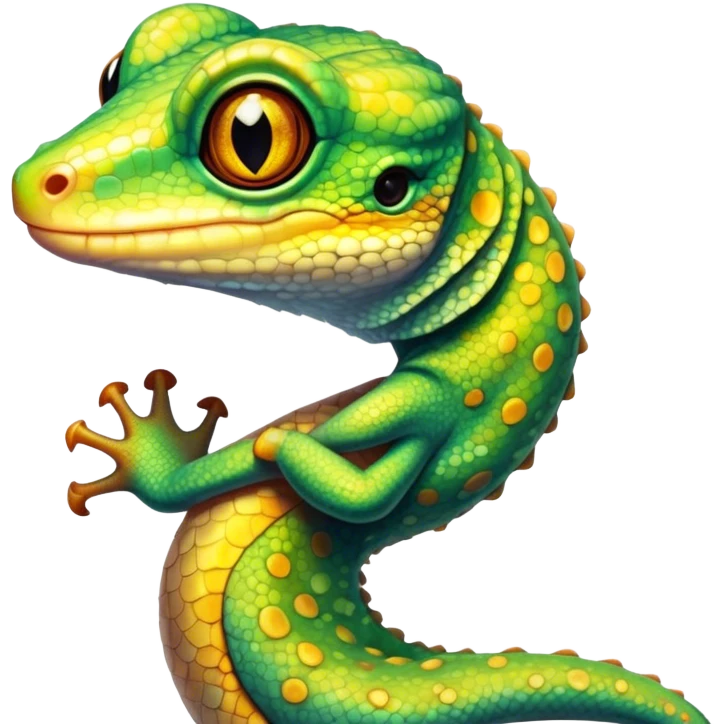 Cinematic Noble Gecko Portrait Emoji, Poised and sleek, with a compact, agile body adorned with textured, mottled scales and luminous, alert eyes accentuated by delicate toe pads and subtle patterning, Simplified yet sharp and sophisticated features, highly detailed, glowing with a soft, ambient jungle glow, high shine, intelligent and vigilant, stylized with an air of exotic elegance, focused and precise, soft glowing outline, capturing the essence of a watchful reptilian guardian that seems ready to scamper out of the screen with effortless agility! emoji