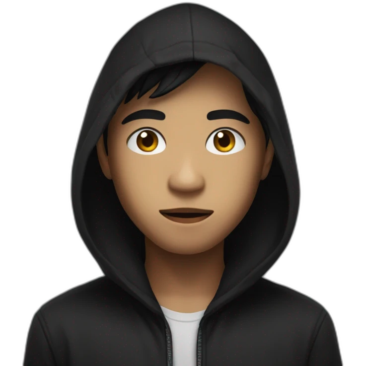 Makes a young filipino man of 19 with a dark look and moderately stretched eyes. Who wears a skull hood over his face. He also wears a black hooded vest. emoji