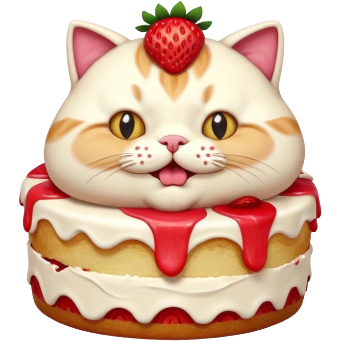 A chubby cat aggressively eating a giant strawberry cake, cream all over its face, exaggerated expression, vibrant colors, cartoon style, playful and humorous mood
, emoji