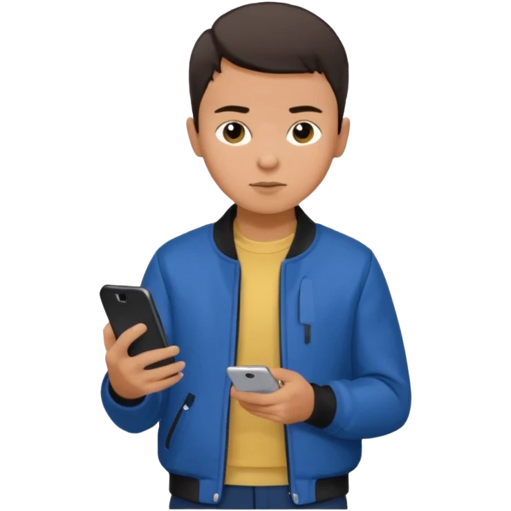 a boy looking at his phone brunnet short buzzcut green make his  jacket blue bag black pants brunnet boy tan skin and rreally dark hair emoji