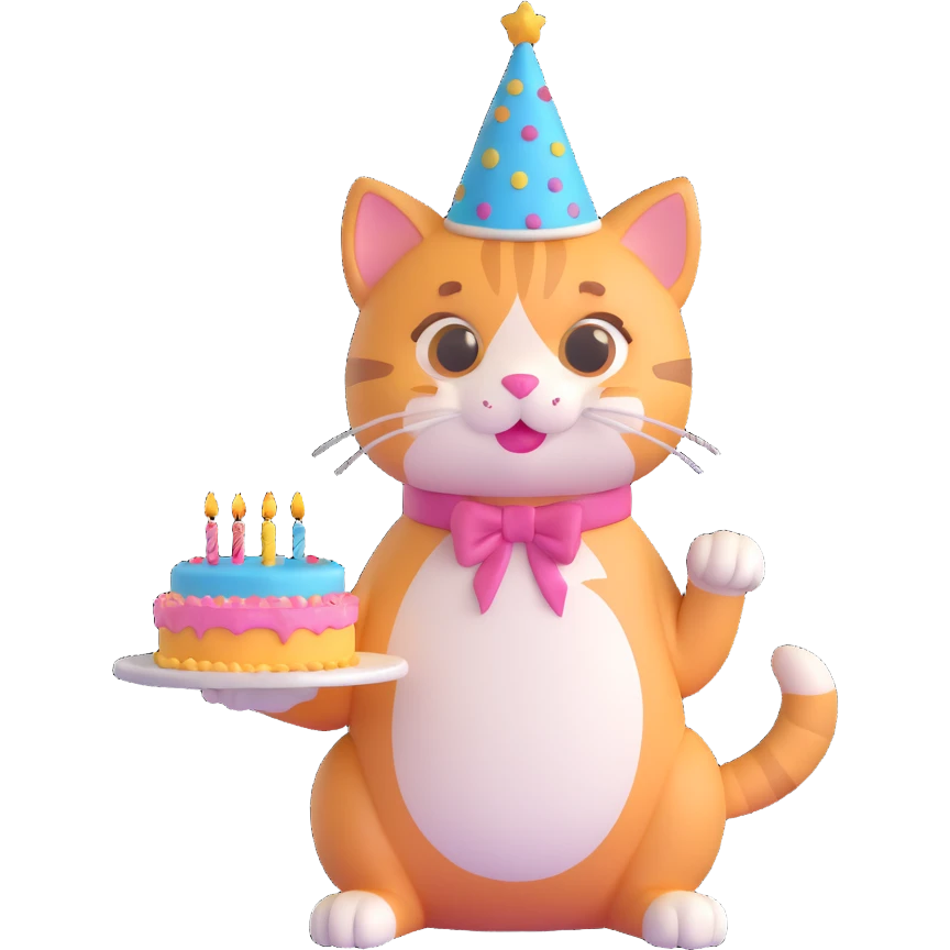 cute cat with a birthday hat on its head and a birthday cake in its paws, cute and festive emoji
