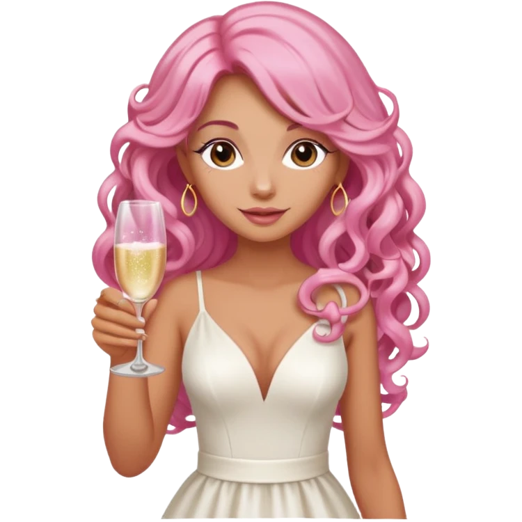 One lady with long pink curled hair and tan skin holding a glass of  pink champagne in each hand emoji