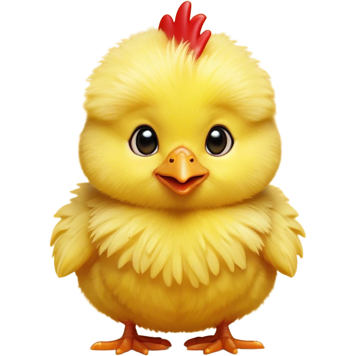 Cinematic Cute Yellow Baby Chicken Portrait Emoji, Head tilted playfully and inquisitively, featuring a fluffy, vibrant yellow downy coat with a tiny red comb, round, sparkling beady eyes filled with curiosity, Simplified yet irresistibly adorable features, highly detailed, glowing with a warm, friendly glow, high shine, affectionate and lively, stylized with a touch of playful whimsy, bright and endearing, soft glowing outline, capturing the essence of a mischievous yet loving chick, so playful it feels like it could peep out of the screen and into your arms! emoji