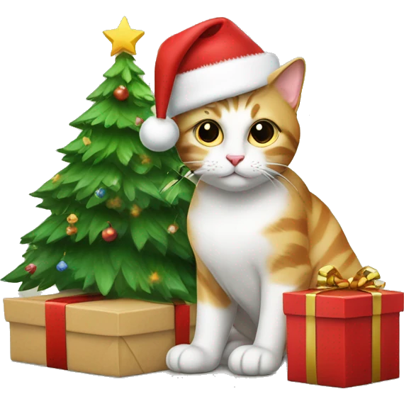 Cat sat under a Christmas tree next to a present emoji