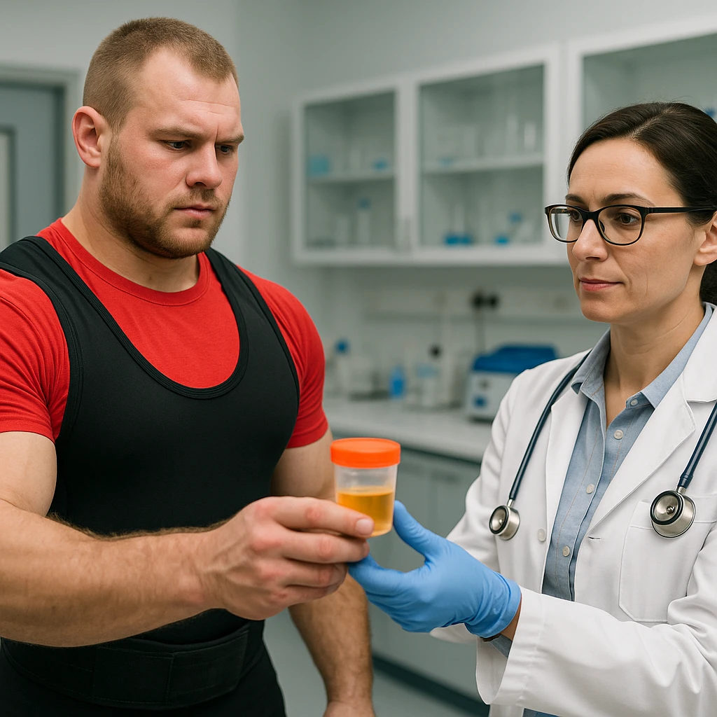 European powerlifter in competition clothing handing over a sample for anti-doping test to a doctor, control atmosphere, realistic details, laboratory background. emoji