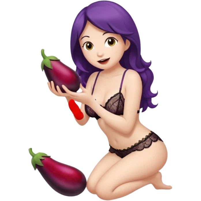 lady in lace lingerie on knees and holding eggplant in her mouth from the side emoji