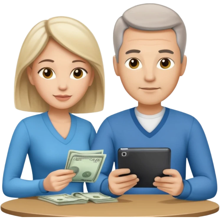 casually dressed stylish  looking husband and wife in their 40s avatars reviewing their finances together  emoji