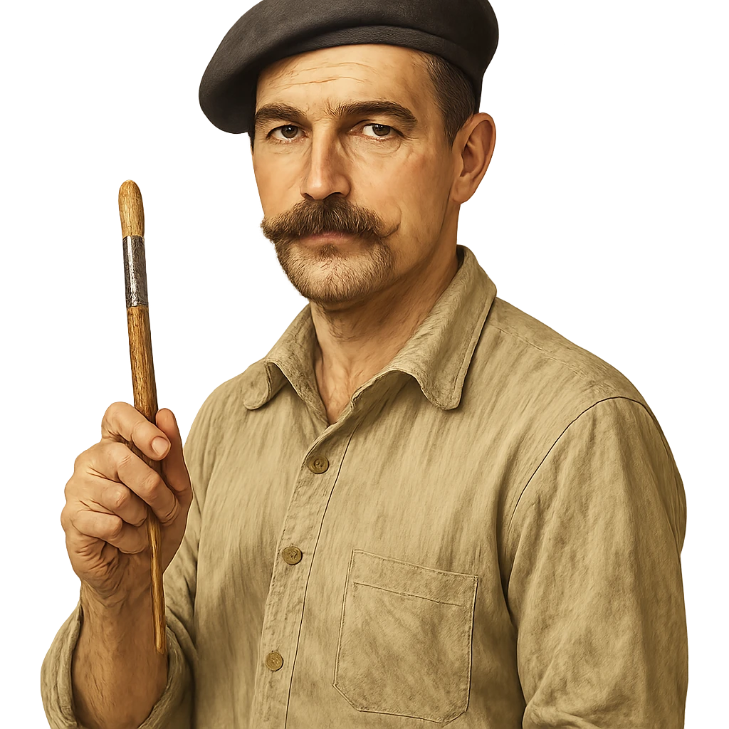 man with a moustache and short hair, painter, holding a paintbrush, wearing a beret emoji