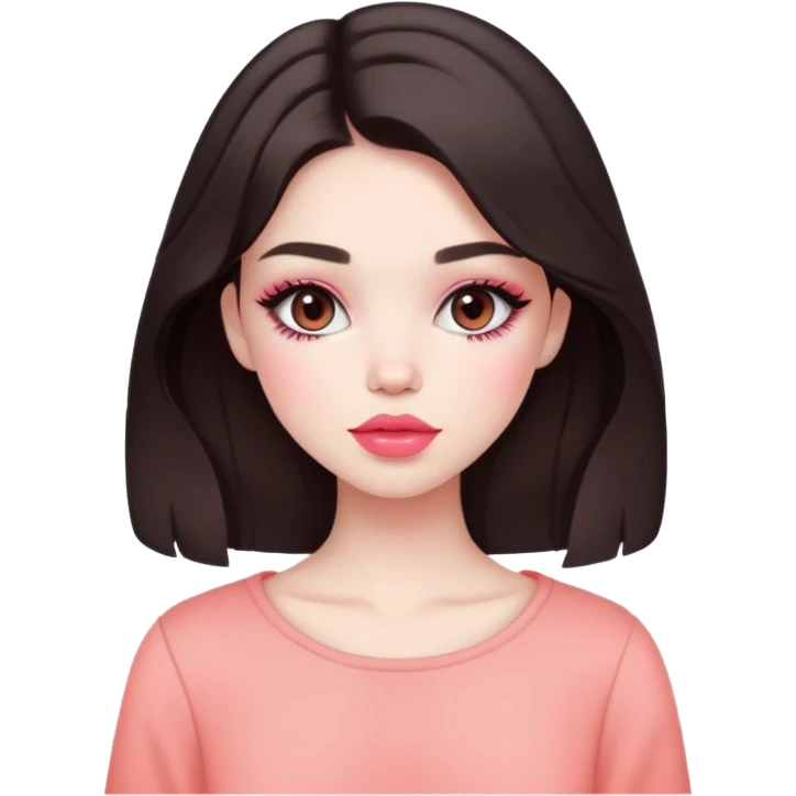 1 girl with pale light skin, dark brown hair, cute makeup coral pink blush coral pink lipstick, cute outfit emoji