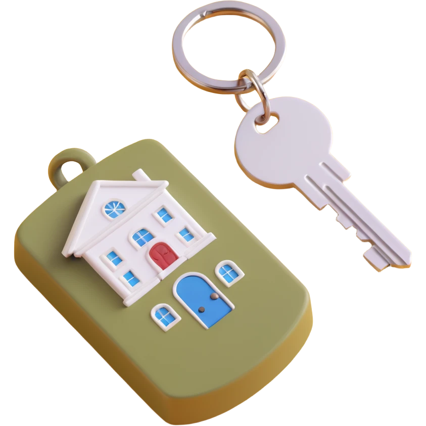 keychain with a khaki key and a white house-shaped key fob, 3D Emoji style, soft shadows and highlights, transparent background, no decoration, close-up view emoji