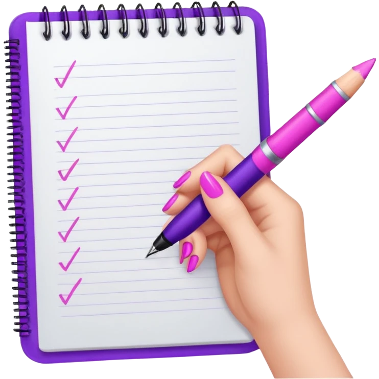 female hand with purple nails holding a pink pen over a notebook emoji