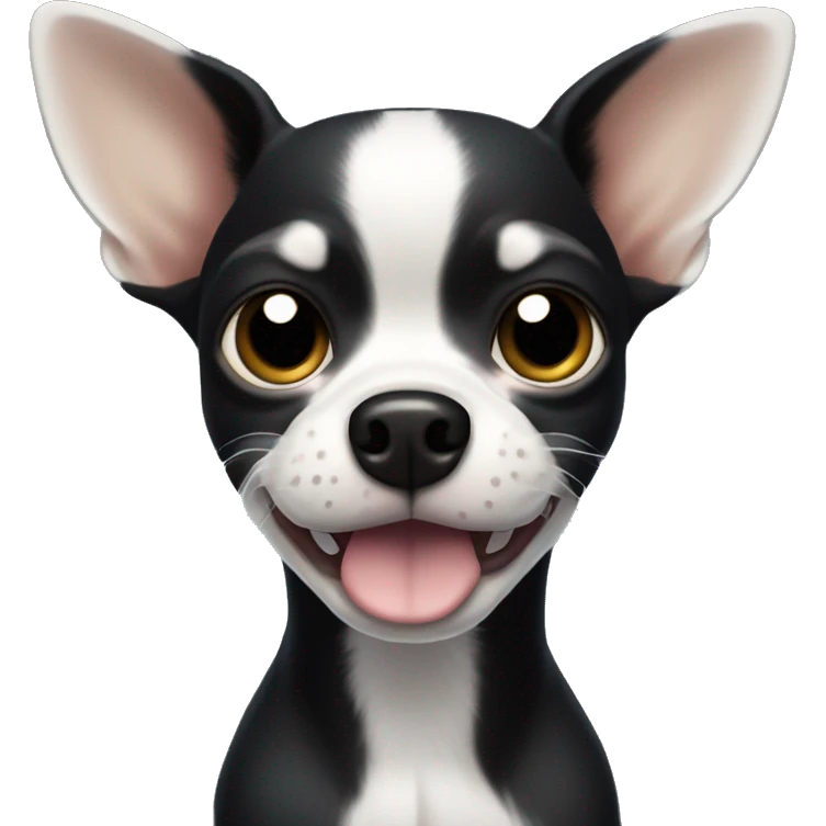 a black Chihuahua dog with a white lightning-shaped spot on its forehead. It has larger ears and a white and black muzzle emoji