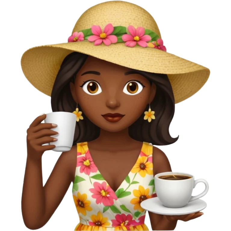 black woman drink coffe with hat dress  emoji
