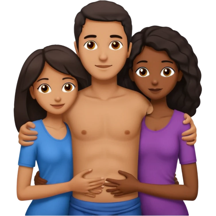 middle Eastern man with two African girlfriends he is 5 inches taller than them. They are rubbing his chest and holding each other breasts and he has his arms wrapped around them around their waist on their butts. emoji