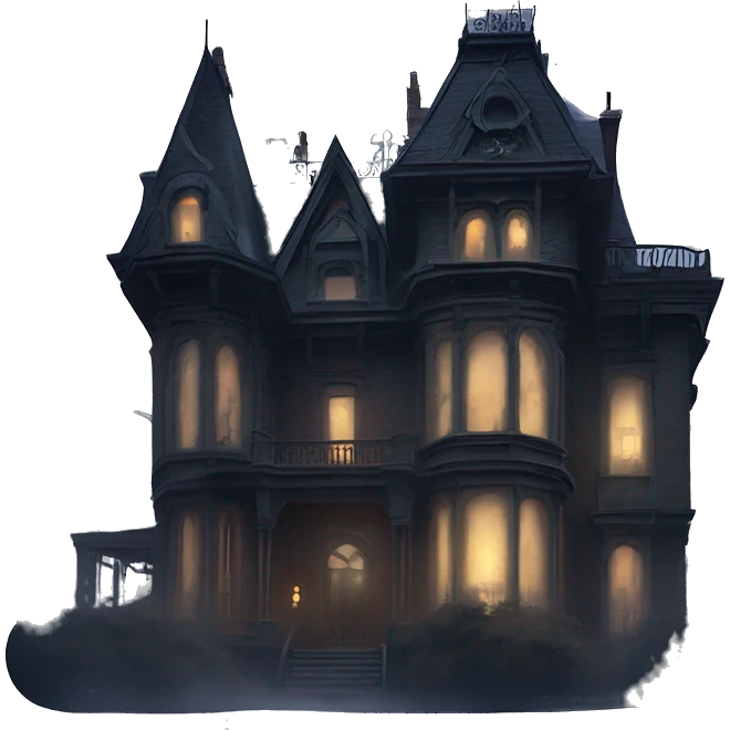 Fantastic close-up view, A very roomy ramshackle gothic Victorian Addams’s mansion looms through light fog at midnight  emoji