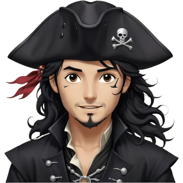 A charismatic pirate with wavy black hair tousled by the breeze. His silver-embroidered tricorn hat casts a shadow. He turns his head slightly, dark eyes glinting with mischief as he looks to the side, a knowing smile on his lips. His black coat, adorned with silver buttons, shifts with the wind emoji