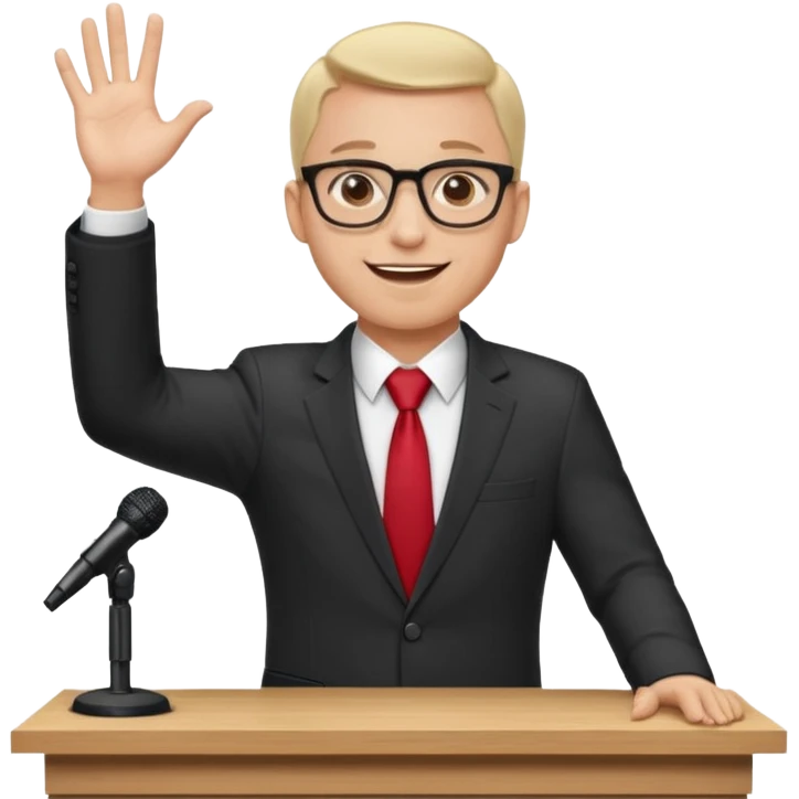 A professional clean-shaven man in a dark business suit and red tie standing behind a wooden podium, speaking confidently. A small microphone is placed on the podium. The man has glasses, a friendly smile, and open hand gestures. Soft studio lighting, neutral dark background, realistic emoji style. emoji