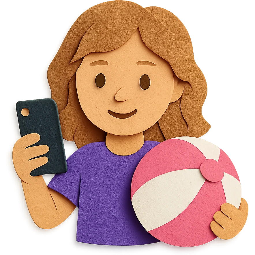 white girl with wavy hair holding her phone and a pink beach ball emoji