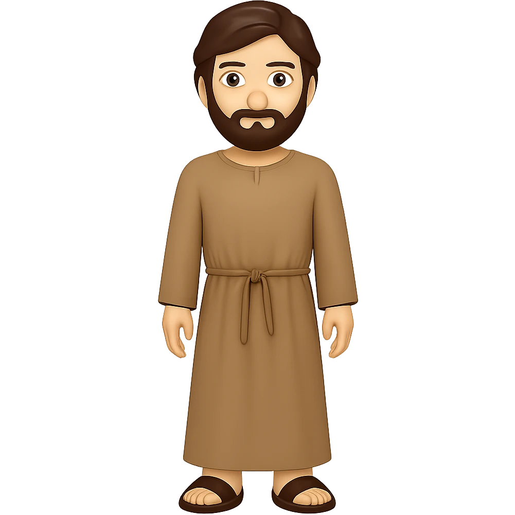 Create a full body, standing front view emoji style illustration of Saint Joseph wearing a long tan robe similar to the reference. He has dark brown hair and a beard. The style should be consistent with emoji style and the background should be removed. Produce new variations similar to previous results. emoji