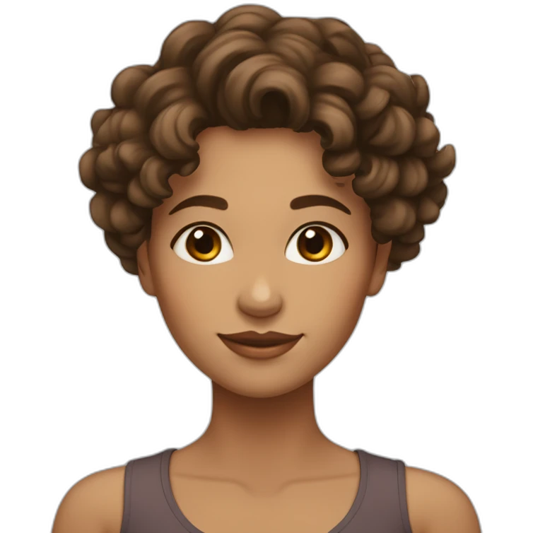 Woman with curly & wavy brown hair, tinted skin color, brown eyes, Aruban / Dutch mixed, dimples emoji