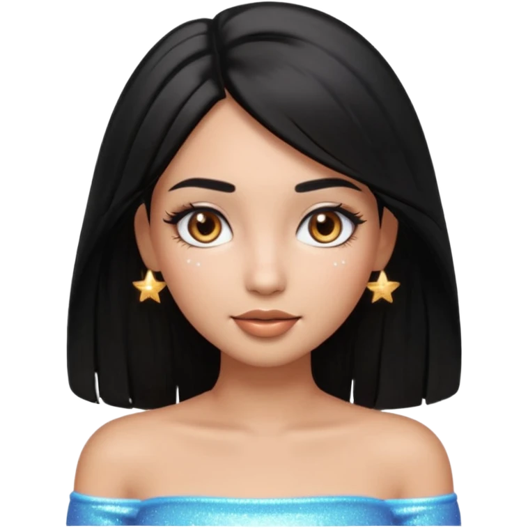 pretty cartoon girl, semi-realistic 3D emoji style, long middle parted straight black hair, tan skin, brown eyes, long eyelashes, soft glam makeup, glossy lips, smooth skin, cute aesthetic, sparkles in hair, white tube top emoji