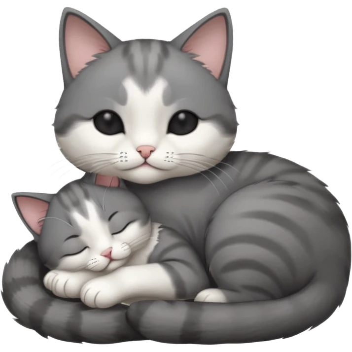 dark grey and white small cat with its eyes closed lying down leaning on its elbow with its paw curled under its head holding it up emoji