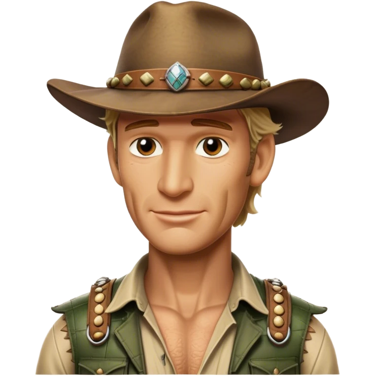 Cinematic Realistic Crocodile Dundee Pop Culture Emoji, depicted with rugged charm and adventurous spirit rendered with lifelike detail and cinematic lighting. emoji